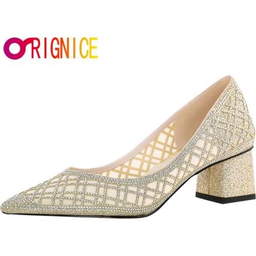 Orignice 2021 New Silver Gold Women Bridal Wedding Shoes Mesh Checkered Rhinestone Crystal Shallow Pumps Stiletto High Heel
