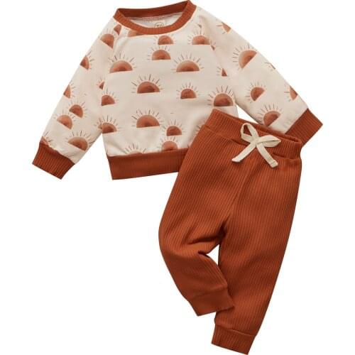 0-24M Autumn Newborn Baby Girl Boy Clothes Set Sun Printed Tops Pullover Solid Color Pants Spring Baby Toddler Outfit