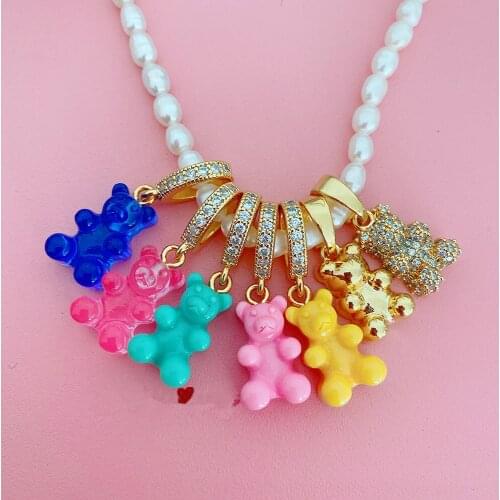 Trendy Color Resin Bear Pearl Zircon Beaded Smiley Metal Chain Pendant Necklace for Women Girl Party Jewelry HUANZHI 2021