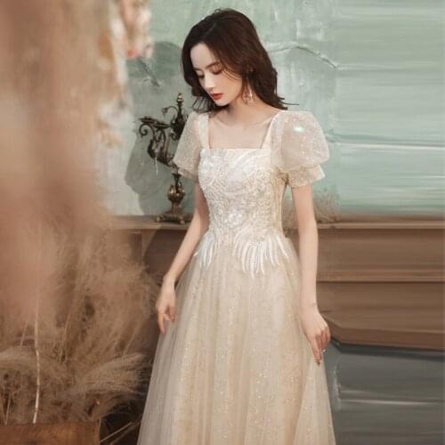Luxury Champagne Square Neck French Sequins Ball Gown Women Long A-line Tulle Formal Party Gowns Evening Dresses