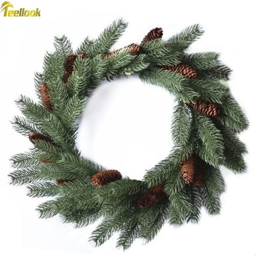 Teellook 30cm/45cm/60cm Christmas wreath PE leaves with pine cones Christmas mall hotel door pendant