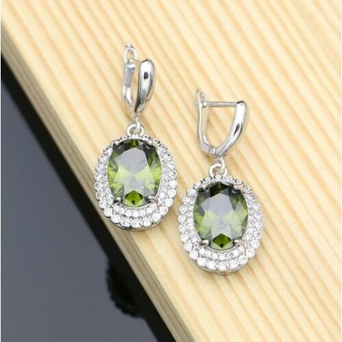 Earrings With Olive Green Stone 925 Sterling Silver Jewelry CZ For Bridal Decoration Earrings Set Dropshipping