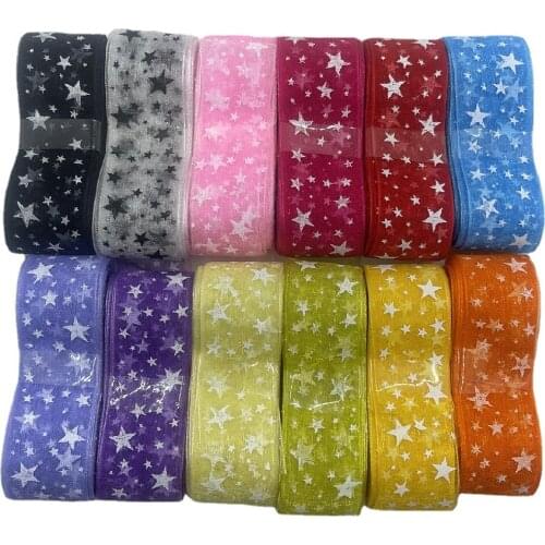 Suoja 10Yards/lot 1" (25mm) Printed Star Organza Ribbon Hair Bow Wedding Christmas Decoration DIY Sewing