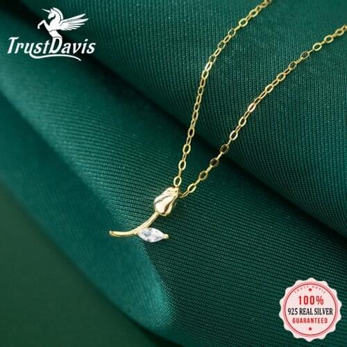 Trustdavis Real 925 Sterling Silver Fashion Sweet Gold Tulip Shiny CZ Necklace For Women Wedding Party Fine Jewelry Gift DA2372
