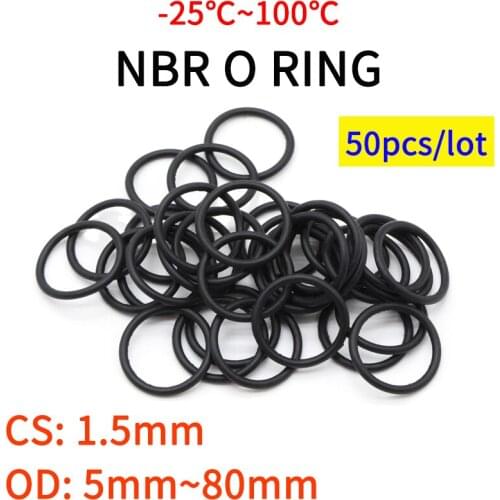50pc NBR O Ring Seal Gasket Thickness CS 1.5mm OD 5~80mm Nitrile Butadiene Rubber Spacer Oil Resistance Washer Round Shape Black