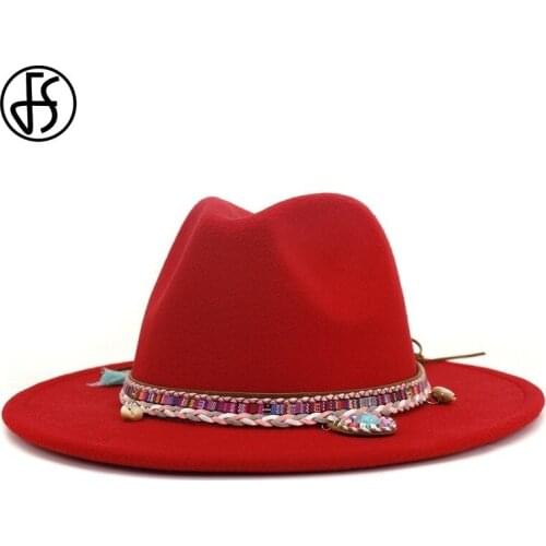 FS Women Men Wool Felt Fedora Hats Wide Brim Panama Caps With Belt Jazz Trilby Cap Party Formal Top Yellow Hat