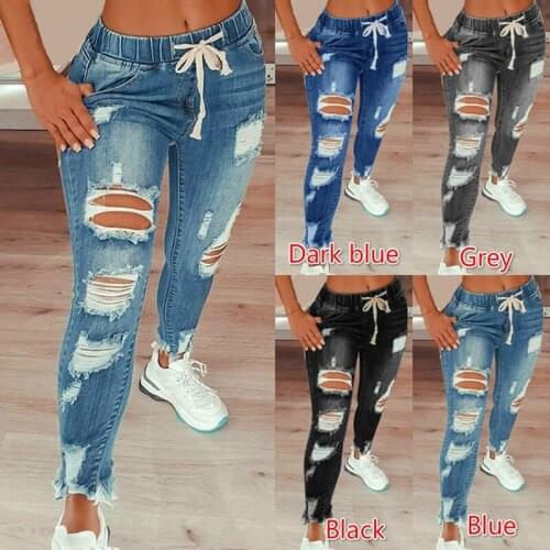 Drawstring jeans womens womens plus size full length pencil pants ripped stretch jeans