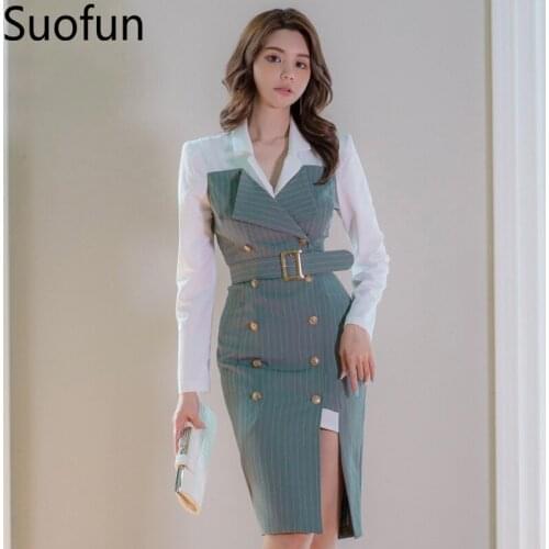 Suofun Office Lady Slim 2021 New Fashion Womens Slotted Double Button Korean Striped Overalls Belt Tight Fitting Spring Dress