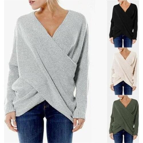 Women Autumn Sexy Knitted Sweater Vintage Cross Criss Pullovers Casual V Neck Loose Jumpers Solid Irregular Hem Sweater
