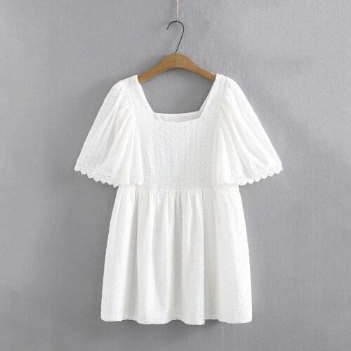 Plus size dress square collar short sleeve hollow out summer mini dresses 2021 new cotton loose elegant casual womens dresses