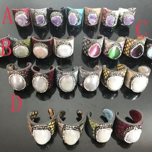 10Pcs Pave Crystal Rhinestone Nature Stone Shell Pearl Ring Mixed Color Snakeskin Leather Finger Rings Fashion Women Jewelry