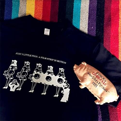 American Vintage Women Pigs Printed Funny Graphic Tees Black Short Sleeve Cotton Shirt Plus Size Cartoon Preppy Style Tshirt