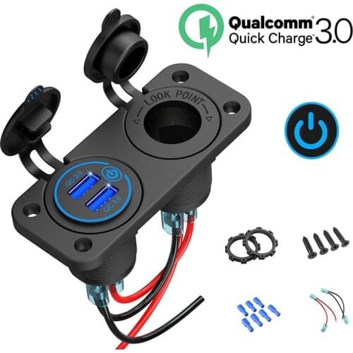 12V 24V Car Dual QC3.0 Cigarette Lighter Splitter USB Charger Socket Panel Touch Switch Waterproof SUV Yacht truck Accessories