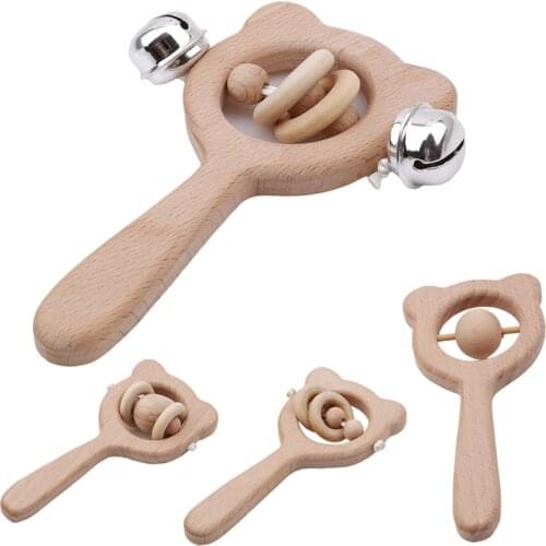 Baby Toys Beech Wood Bear Hand Teething Wooden Ring Can Chew Beads Baby Rattles Play Gym Montessori Stroller Toys