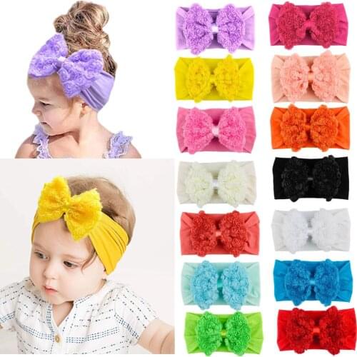 14Pcs Baby Soft Nylon Headbands Cute 4" Big Lace Hair Bow Elastic Hairbands for Girls Newborn Infant Toddlers Kids Photo Props