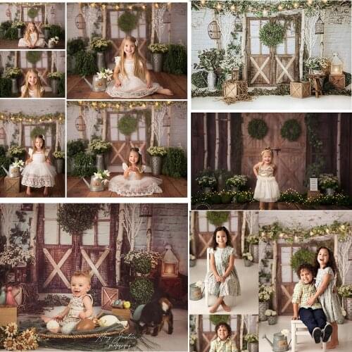 Christmas Winter Children Portrait Photography Background Green Wreath Retro Door Backdro Spring Kids Birthday Photocall Props