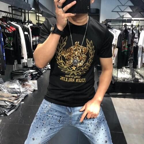 Shirt Homme Tee 2020 Summer Funny T Shirt Tiger Head Bead Embroidery Short Sleeve Casual Round Collar Camisa Pólo The Flash