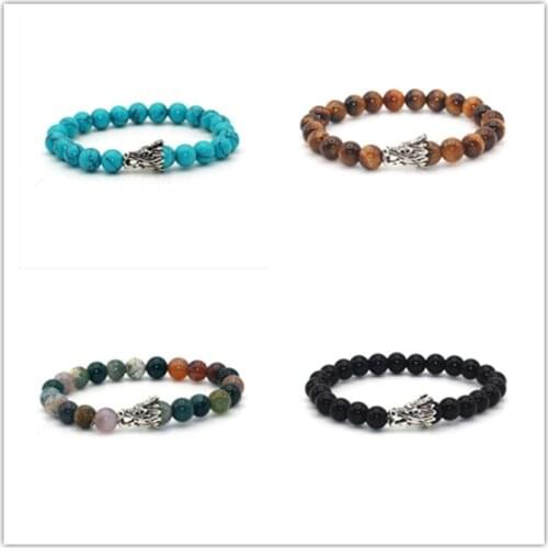 FYJS Unique Silver Plated Chinese Dragon Head Connect 8 mm Black Agates Round Beads Bracelet Blue Turquoises Stone Jewelry