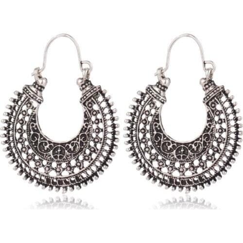 Fashion Vintage Antique Silver Hollow Out Flower Carved Drop Earrings For Women Ethnic Jewelry