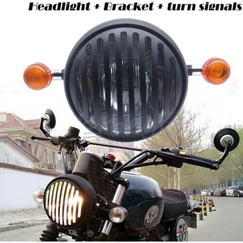Motorcycle 6.5" Retro Headlight Grill Side Mount Turn Signals Bracket Cafe Racer