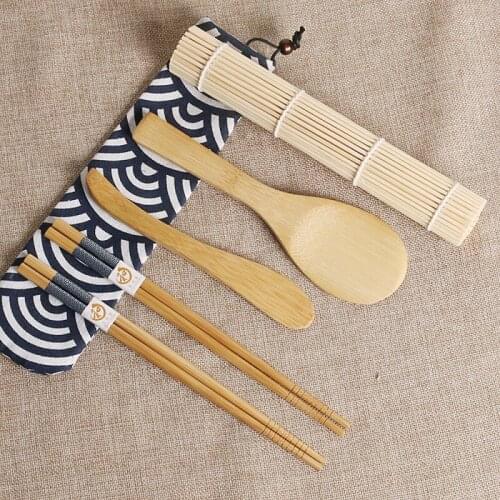 6PCS Sushi Set Bamboo Rolling Mats Chopsticks Spoon Rice Paddles Tools Kitchen DIY Accessories