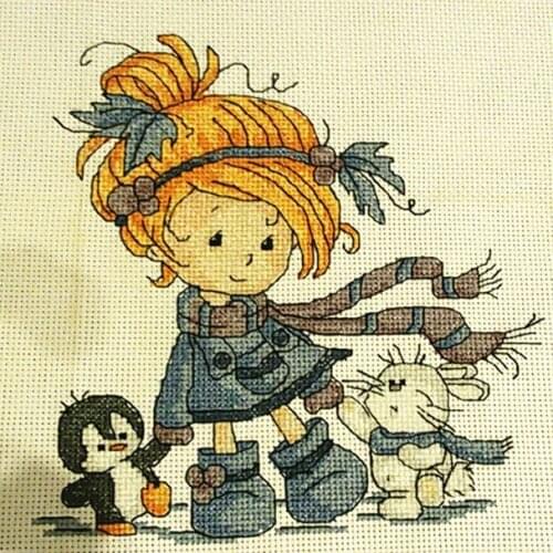 The little girl and friends cross stitch kit DMC counted aida 14ct 11ct black hand embroidery DIY handmade needlework supplies