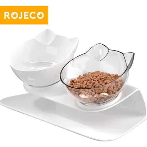 ROJECO Non Slip Double Cat Bowl Pet Food Bowl For Cat Feeding Raised Cat Water Bowl with Stand Elevated Cat Feeder Drinking Bowl