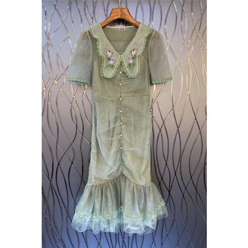 Bodycon Dress 2021 Summer Fashion Sexy Party Women Turn-down Collar Beading Deco Sexy Tulle Mesh Patchwork Midi Mermaid Dress