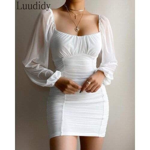 Solid Color Lantern Sleeve Ruched Bodycon Dress Women Elegant Square Collar Long Sleeved Slim Pleated Dresses