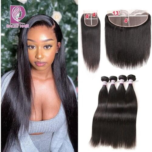 Racily Hair Brazilian Straight Hair Bundles With Closure 3/4 Bundles With Lace Closure Remy Human Hair Extension Natural Black