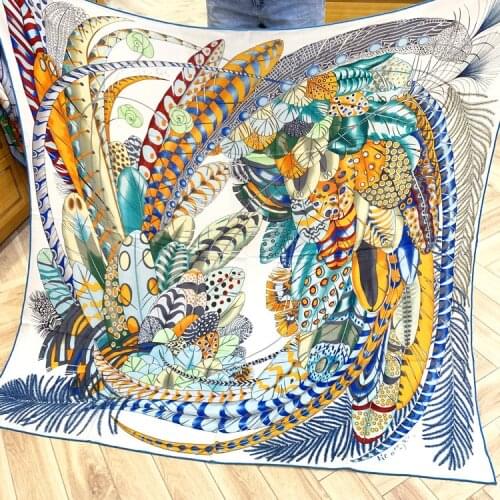 New Feather Printing Scarf 30% Silk 70% Cashmere Blended Pashmina Hand Rolled Edges Shawl Wrap 140*140cm 55''x55