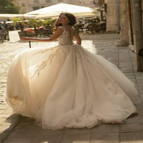 Glitter Sequins Beads A Line Wedding Dresses Appliqued Robes De Mariée Beach Boho Custom Made Ruched Tulle Bridal Gown