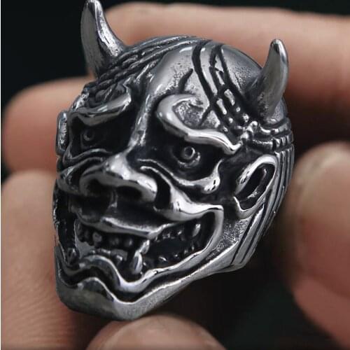 Vintage Mens Japanese Anger Hannya Ghost Mask Skull Ring Gothic Punk 316L Stainless Steel Ring Biker Party Jewelry Male Bijoux