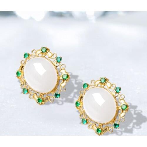 Vintage Oval Stud Earrings With Opal Green Zircon Luxury Fine Piercing Jewelry For Women High Grade Party Anniversary Gift