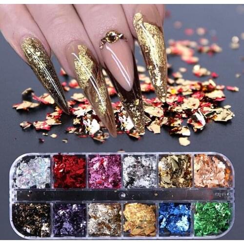 12 Grid Magic Mirror Nail Glitter Sequins Golden Foil Tips Holographic Flakes