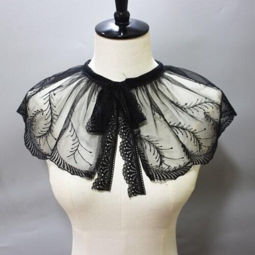 Feather Embroidery Fake Collar Shawl Pleated Sheer Mesh Necklace Half Shirt Cape