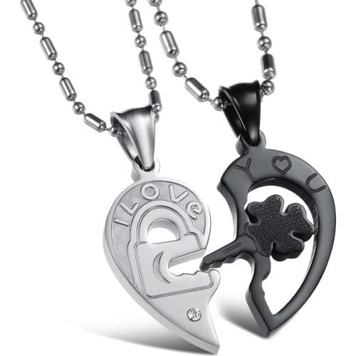 Lover Jewelry Stainless Steel Black Color Lock & Key Shape Puzzle Heart Pendant Couple Necklaces for Men Women