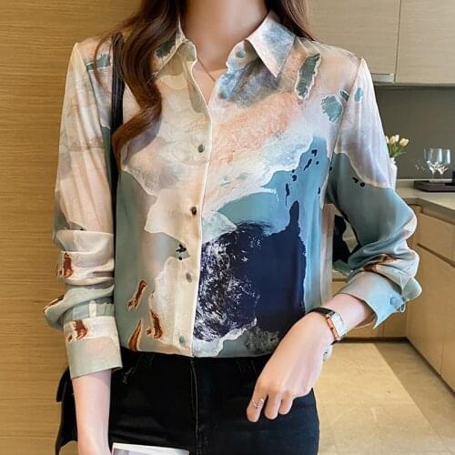 Gradient Women Shirt Autumn Long-sleeve Silk Office Lady Button Up Shirt Vintage Ladies Tops Camisas Blancas De Mujer Elegante