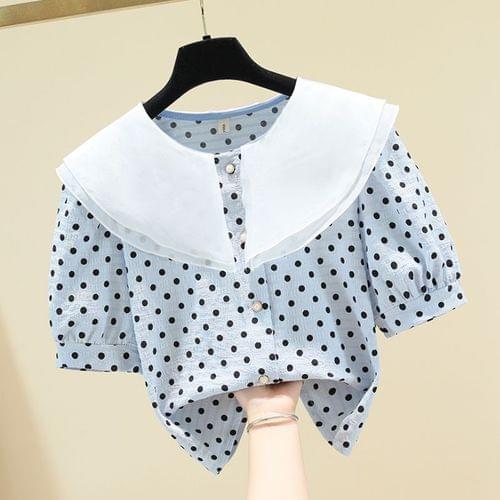 Polka Dot Shirt Women New Double Doll Collar Printed Short Blouse Girl Ladys All-Match Crop Top Students Blusas 2021 Summer