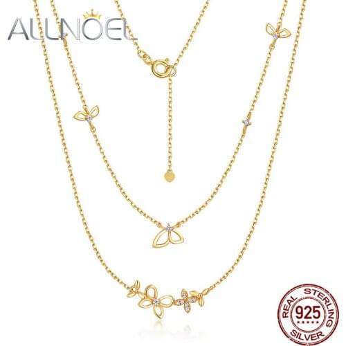 ALLNOEL 925 Sterling Silver Necklace Zircon Gold Plated Flower Butterfly Shape Double Chain Elegant Necklace For Women Wedding