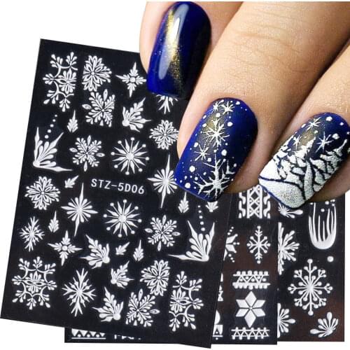 1PCS Christmas Nail Stickers White Snowflake New Year 5D Embossed Sliders Winter Manicure Art Gel Polish Decals LASTZ5D01-08