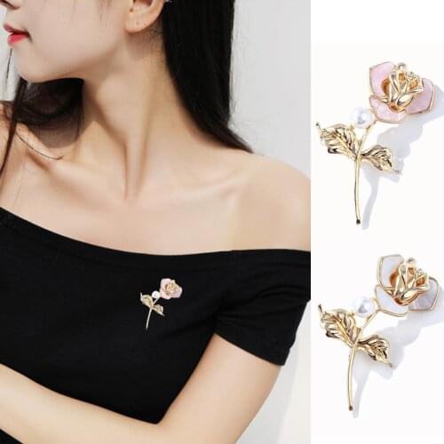 1PC Fashion Pearl Rose Flower Enamel Brooch Lapel Pin Women Girl Jewelry Gift For Clothes Scarf Decoration Accessories