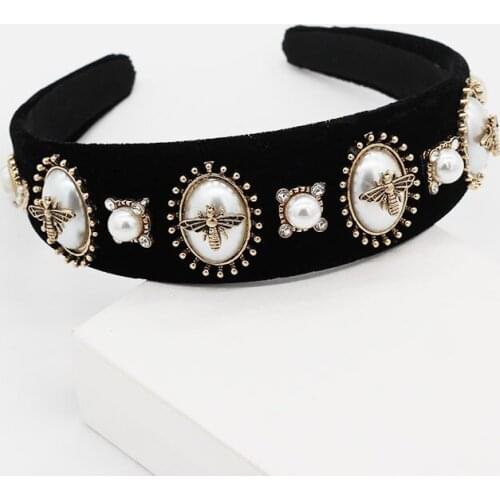 Bohemian Vintage Bee Pearl Flower Rhinestone Hairband Handmade Heart Velvet Headband Hair Accessories jewelry wedding