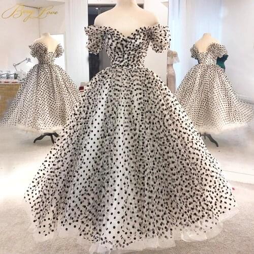 Black Dot Prom Dresses Off Shoulder Sweetheart A Line Puffy Party Dress High Waist Tea Length Evening Dresses Plus Size Vestidos