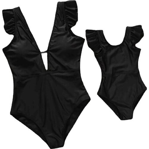 Black Family Matching Outfits for Mom Daughter One-Piece Pink Ruffles Tank Bikini Swimsuit Women Girls Mother Swimwear Clothes