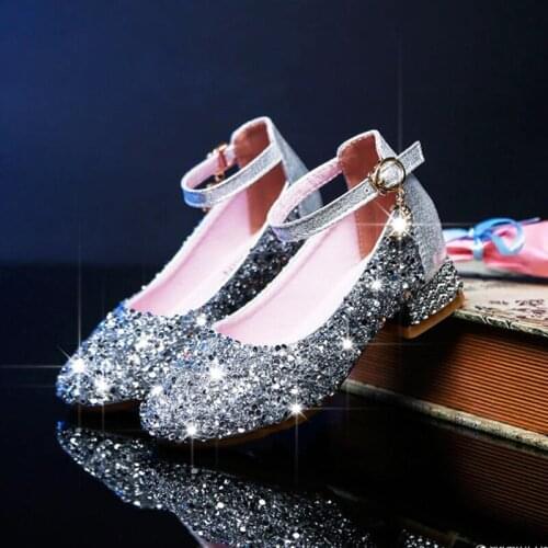 Flower Children Girls Luxury Party And Wedding Shoes Kids High Heel Sequins Dance Crystal Princess Shoes 6 8 10 12 14 16 Years