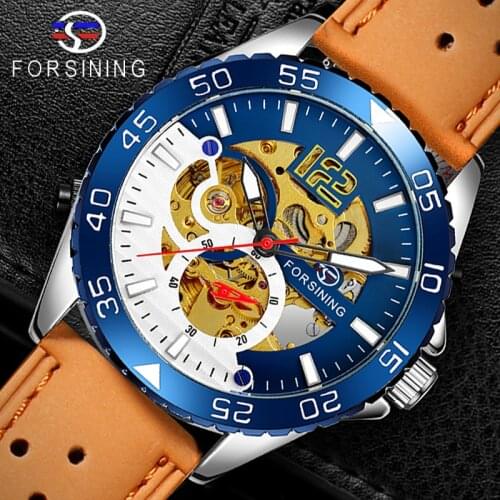 Forsining Mens Watch Automatic Half Blue White Hollow Dial Genuine Leather Mechanical Watch Men Clock Fashion Reloj Hombre 2019