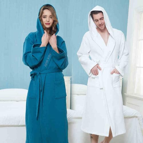100% Cotton Women Bathrobe Hooded Lovers Solid Towel Fleece Sleepwear Long Bath Robe Kimono Femme Dressing Gown Bride Robes