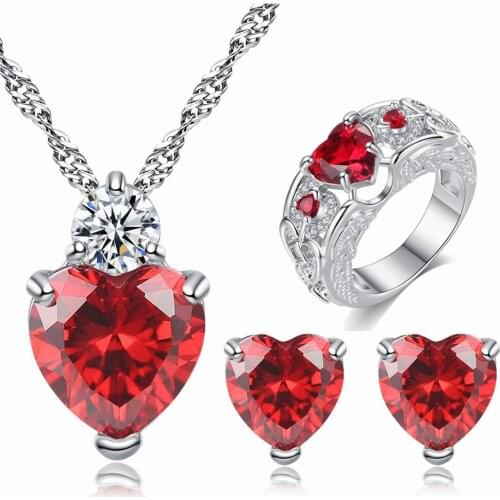 Dainty Female Red Crystal Jewelry Set Charm Silver Color Heart Stud Earring For Women Cute Zircon Wedding Ring Chain Necklace