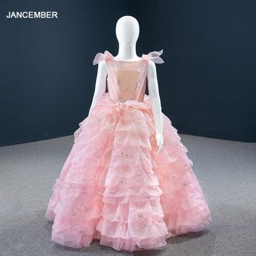 J67033K Jancember New Pink Flower Girl Dresses Tiered Sequined O Neck Sleeveless Lace Up Ball Gowns Latest Blume Mädchen Kleider